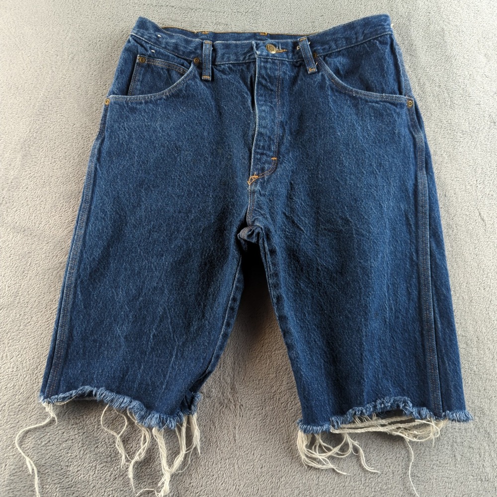 Vintage 90s Wrangler Jean Shorts Mens 32 Blue Dark Wash Cut Off Frayed Denim USA